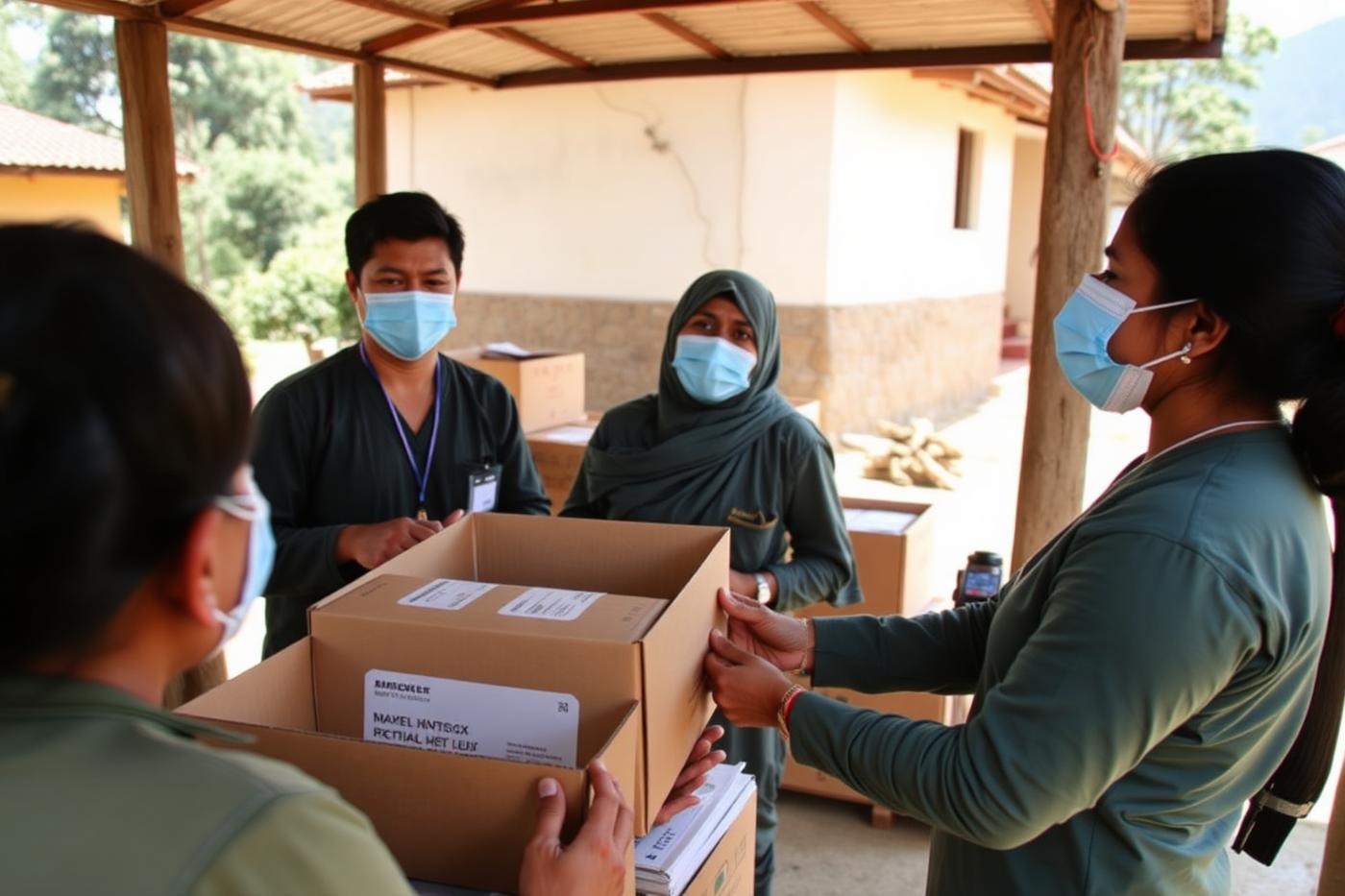 Health workers receiving medical supplies at a rural health post in Nepal